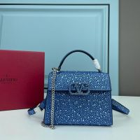 Valentino Mini Vsling Handbag with Crystals Logo In Rhinestones Embroidered Calfskin Blue