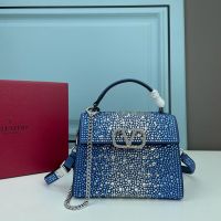 Valentino Mini Vsling Handbag with Crystals Logo In Rhinestones Embroidered Calfskin Blue/White