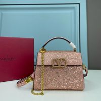 Valentino Mini Vsling Handbag with Crystals Logo In Rhinestones Embroidered Calfskin Cherry/Gold