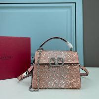 Valentino Mini Vsling Handbag with Crystals Logo In Rhinestones Embroidered Calfskin Cherry/Silver