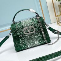 Valentino Mini Vsling Handbag with Crystals Logo In Rhinestones Embroidered Calfskin Green/Silver