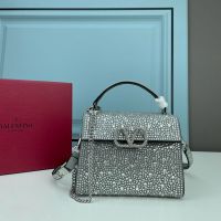 Valentino Mini Vsling Handbag with Crystals Logo In Rhinestones Embroidered Calfskin Grey