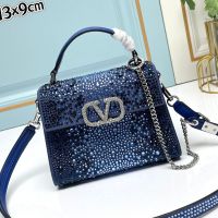 Valentino Mini Vsling Handbag with Crystals Logo In Rhinestones Embroidered Calfskin Navy Blue