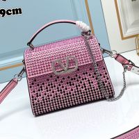Valentino Mini Vsling Handbag with Crystals Logo In Rhinestones Embroidered Calfskin Pink/Black
