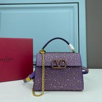 Valentino Mini Vsling Handbag with Crystals Logo In Rhinestones Embroidered Calfskin Purple