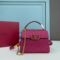 Valentino Mini Vsling Handbag with Crystals Logo In Rhinestones Embroidered Calfskin Rose