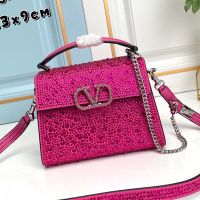 Valentino Mini Vsling Handbag with Crystals Logo In Rhinestones Embroidered Calfskin Rose/Silver