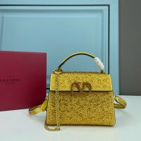 Valentino Mini Vsling Handbag with Crystals Logo In Rhinestones Embroidered Calfskin Yellow