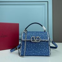 Valentino Mini Vsling Handbag with Crystals Logo In Rhinestones and Crystals Embroidered Calfskin Blue