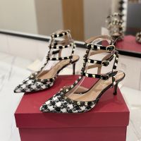 Valentino Rockstud Caged Pumps 65MM Women Pied-de-poule Fabric White/Black