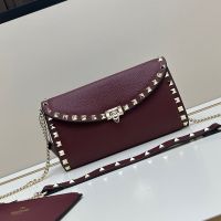 Valentino Rockstud Foldover Crossbody In Grainy Calfskin Burgundy