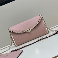 Valentino Rockstud Foldover Crossbody In Grainy Calfskin Pink