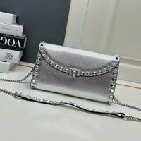 Valentino Rockstud Foldover Crossbody In Grainy Calfskin Silver