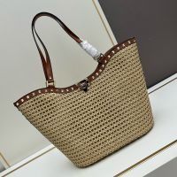 Valentino Rockstud Shopping Bag In Raffia Beige