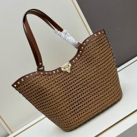 Valentino Rockstud Shopping Bag In Raffia Brown