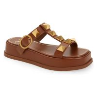 Valentino Roman Stud Platform Slides with T-Strap Women Calfskin Brown