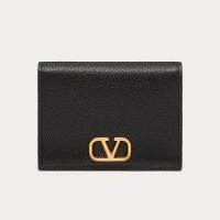 Valentino Small Compact VLogo Signature Wallet In Grainy Calfskin Black