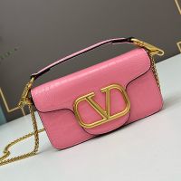 Valentino Small Loco Shoulder Bag In Crocodile Embossed Leather Cherry