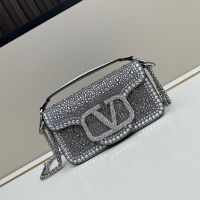 Valentino Small Loco Shoulder Bag with Crystals Logo In Rhinestones and Crystals Embroidered Calfskin Grey