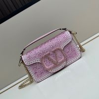 Valentino Small Loco Shoulder Bag with Crystals Logo In Rhinestones and Crystals Embroidered Calfskin Pink