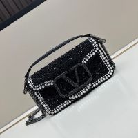 Valentino Small Loco Shoulder Bag with Crystals Logo In Sparkling Studs and Crystals Embroidered Calfskin Black