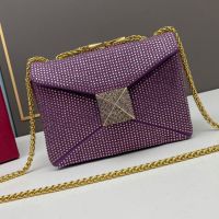 Valentino Small One Stud Crossbody Bag with Chain In Sparkling Crystals Embroidered Calfskin Purple