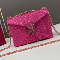 Valentino Small One Stud Crossbody Bag with Chain In Sparkling Crystals Embroidered Calfskin Rose