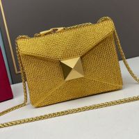 Valentino Small One Stud Crossbody Bag with Chain In Sparkling Crystals Embroidered Calfskin Yellow