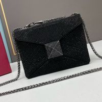 Valentino Small One Stud Crossbody Bag with Chain In Sparkling Studs Embroidered Calfskin Black