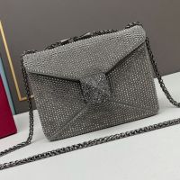 Valentino Small One Stud Crossbody Bag with Chain In Sparkling Studs Embroidered Calfskin Grey