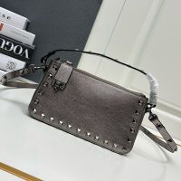 Valentino Small Rockstud Crossbody In Grainy Calfskin Silver Grey