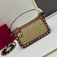 Valentino Small Rockstud Crossbody In Woven Raffia Beige
