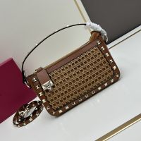 Valentino Small Rockstud Crossbody In Woven Raffia Brown