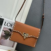 Valentino Small Rockstud Flap Crossbody In Grainy Calfskin Brown