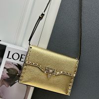Valentino Small Rockstud Flap Crossbody In Grainy Calfskin Gold