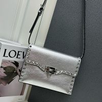 Valentino Small Rockstud Flap Crossbody In Grainy Calfskin Silver