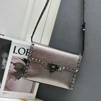 Valentino Small Rockstud Flap Crossbody In Grainy Calfskin Silver Grey