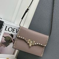 Valentino Small Rockstud Flap Crossbody In Grainy Calfskin Taupe