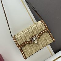 Valentino Small Rockstud Flap Crossbody In Woven Raffia Beige