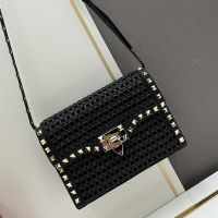 Valentino Small Rockstud Flap Crossbody In Woven Raffia Black