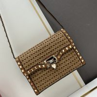 Valentino Small Rockstud Flap Crossbody In Woven Raffia Brown