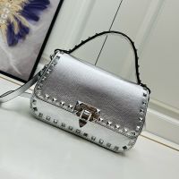 Valentino Small Rockstud Flap Handbag In Grainy Calfskin Silver