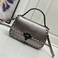 Valentino Small Rockstud Flap Handbag In Grainy Calfskin Silver Grey