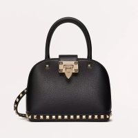 Valentino Small Rockstud Hook Handbag In Grainy Calfskin Black