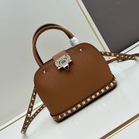 Valentino Small Rockstud Hook Handbag In Grainy Calfskin Brown
