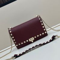 Valentino Small Rockstud Wallet On Chain In Grainy Calfskin Burgundy