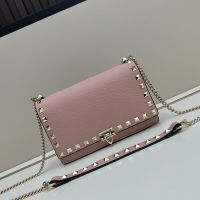 Valentino Small Rockstud Wallet On Chain In Grainy Calfskin Cherry