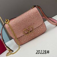 Valentino Small Vsling Crossbody Bag with Crystals Logo In Rhinestones Embroidered Calfskin Cherry