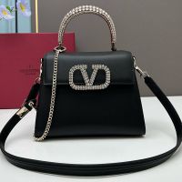 Valentino Small Vsling Handbag with Rhinestones Embroidered Handle and Logo In Calfskin Black