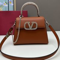 Valentino Small Vsling Handbag with Rhinestones Embroidered Handle and Logo In Calfskin Brown